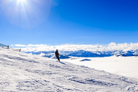 Skier on the slopes of the ski resort Soll, Tyrol, Austriaの写真素材