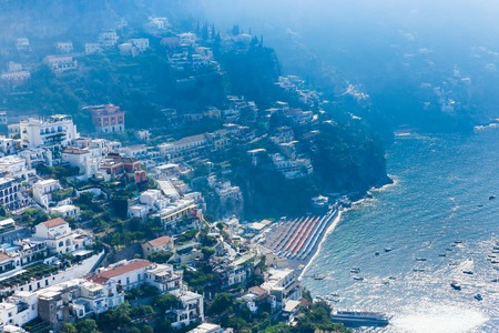 View of Positano town at Amalfi coastline. Colorful houses along the sea coast, Italyの写真素材