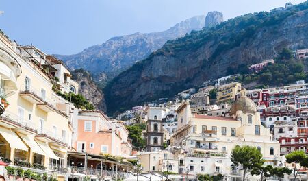 View of Positano town at Amalfi coastline. Colorful houses along the sea coast, Italyのeditorial素材
