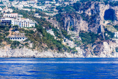 View of Conca dei Marini village on Amalfi coast seen from the sea, Campania, Italyの写真素材