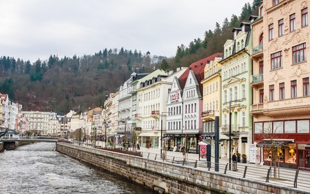 Historic city center with river of the spa town Karlovy Vary. Czech republicのeditorial素材