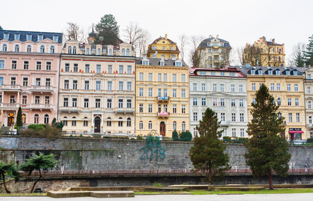 Historic city center with river of the spa town Karlovy Vary. Czech republicのeditorial素材