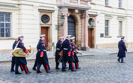 Military musicians soldiers marching  to the entrance of the Prague Castle. Czech Republicのeditorial素材