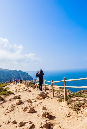 Old wooden railings on Cabo da Roca.  Portugalのeditorial素材
