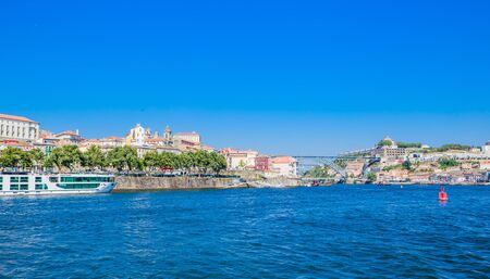 View buildings in Ribeira District and Bishop's Palace in Porto on Iberian Peninsulaの写真素材