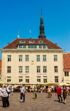 The historic and beautiful Town Hall Square (Raekoja plats) in Tallinn, Estoniaのeditorial素材