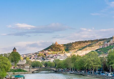 View from the Bridge of Peace in Tbilisi, a pedestrian bridge over the Mtkvari River in Tbilisi....