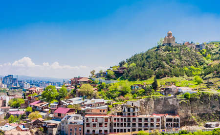 View of Tbilisi, capital of Georgia country. View from Narikala Fortress. Tabor Monastery of the Transformation on the background.のeditorial素材