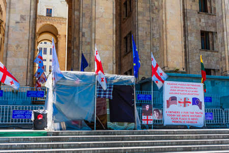 Political opposition camp with tents demonstration by the Georgian Parliament building in the...