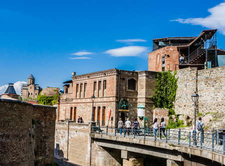 Old Tbilisi - houses, sulfur bath house above the spring of waterfall in Abanotubani district. Tbilisi, Georgia.のeditorial素材