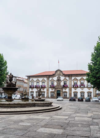 Braga City Hall and fountain, Minho, Portugal.のeditorial素材