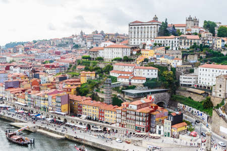 View of the historic town center of Porto with the Rio Duoro River from Dom Luis I bridge, Porto, Portugal.のeditorial素材