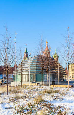 Information pavilion-dome in the Zaryadye natural landscape park in winter. In the background is the Kremlin. Moscow. Russiaのeditorial素材