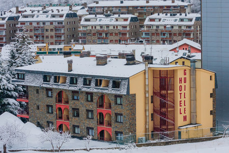 Encamp as seem from Sant Roma de les Bons, Andorraのeditorial素材