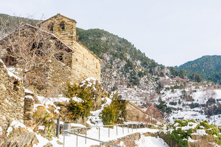 12th Century Romanesque church, Lombard period, 1164, dedicated to St. Roman. Within the historical group of the Bonds. Encamp, Andorra. Europeの写真素材