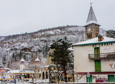 France, Ariege, Pyrenees - Ax-les-Thermes spa town and ski resort. View with Casino.のeditorial素材