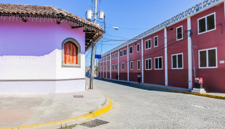 Street with colorful houses, Granada, founded in 1524, Nicaragua, Central Americaの写真素材