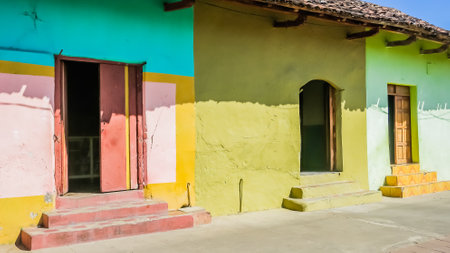 Street with colorful houses, Granada, founded in 1524, Nicaragua, Central Americaの写真素材