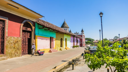 Street with colorful houses, Granada, founded in 1524, Nicaragua, Central Americaのeditorial素材