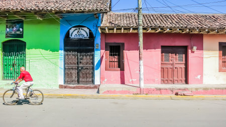 Street with colorful houses, Granada, founded in 1524, Nicaragua, Central Americaのeditorial素材