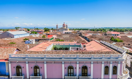 The Cathedral of Granada seen from the bell tower of La Merced church, Granada, Nicaragua, Central Americaの写真素材