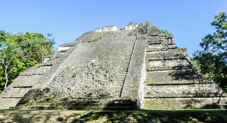 Temple of the Masks, El Peten, Grand Plaza, Tikal National Park, Yucatan, Guatemalaの写真素材