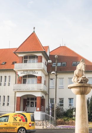 Nymph fountain, marble artwork created in 1998 by Hungarian sculptor Marton Laszlo, in front of modern building of school, located in Heviz town. Hungaryのeditorial素材
