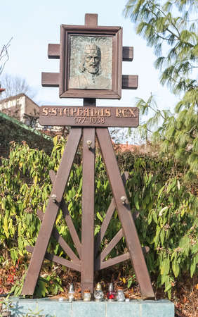 Bas-relief of St. Stephen (STEPHANUS REX / 977-1038) near Modern Szentlelek Holy Spirit church in Heviz, Hungaryのeditorial素材