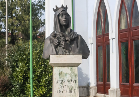 Statue of Saint Elizabeth from Arpad's house near Modern Szentlelek Holy Spirit church in Heviz, Hungaryのeditorial素材