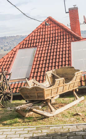 Wooden sledges near the wine cellar. Egregy, Heviz, Hungaryの写真素材