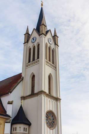 Gothic Franciscan Parish Church in Kezsthely, Hungary. Built in 1390 and renovated in 19th century in Baroque style, giving it an imposing neo Gothicの写真素材