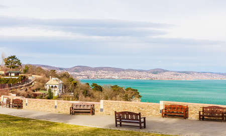 View from the Tihany abbey at the Balaton lake and about Szantod, Hungaryの写真素材