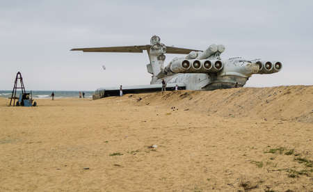Rocket ship-ekranoplan project 903 "Lun" on the Caspian Sea shore. Dagestan, city of Derbent, Russiaのeditorial素材