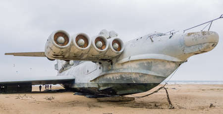 Rocket ship-ekranoplan project 903 "Lun" on the Caspian Sea shore. Dagestan, city of Derbent, Russiaのeditorial素材