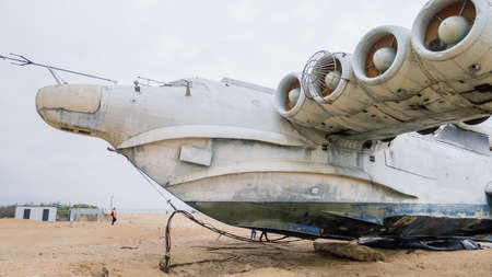 Rocket ship-ekranoplan project 903 "Lun" on the Caspian Sea shore. Dagestan, city of Derbent, Russiaのeditorial素材