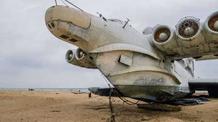 Rocket ship-ekranoplan project 903 "Lun" on the Caspian Sea shore. Dagestan, city of Derbent, Russiaのeditorial素材