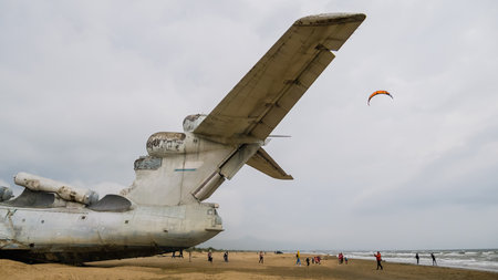 Rocket ship-ekranoplan project 903 "Lun" on the Caspian Sea shore. Dagestan, city of Derbent, Russiaのeditorial素材