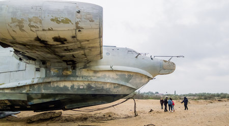 Rocket ship-ekranoplan project 903 "Lun" on the Caspian Sea shore. Dagestan, city of Derbent, Russiaのeditorial素材
