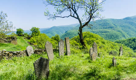 Headstone. Federal cultural heritage site "Mosque", XI-XII centuries. - "The village of Kala-Koreish". Graveyard in Kubachi, Dagestan.の写真素材