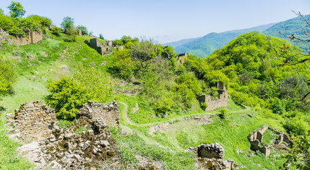 Fragment of Federal cultural heritage site "Mosque", XI-XII centuries. - "The village of Kala-Koreish". Dagestan.の写真素材