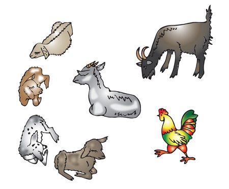 beige, gray goats and kids and a bright cock in the barnyardのイラスト素材