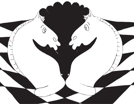 chess black and white horses on a chess board and a black birdのイラスト素材