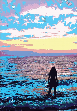 Black silhouette of the girl at the sea of blue and pink on yellow pink sunsetのイラスト素材