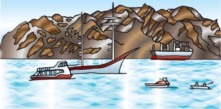 blue sea with ships and brown mountains.のイラスト素材