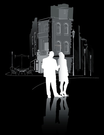 man and woman walking in black and white silhouettesのイラスト素材