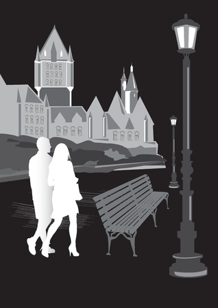 man and woman walking in the city  black and white silhouettesのイラスト素材