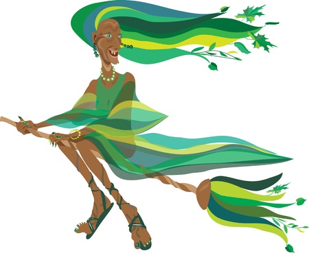 old witch in a green dress on a broomのイラスト素材