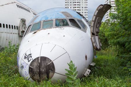 Abandoned Airplane,old crashed plane with,plane wreck tourist attraction,Old plane wreck,out focusの写真素材
