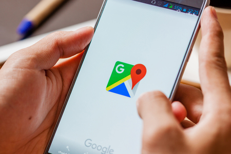 Sakon Nakhon, THAILAND -August 1,2017: Google Maps for Samsung note5 . Its location service can work with or without a GPS receiver. Build for Android and iOS.のeditorial素材