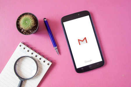 Bangkok, Thailand - May 7,2016: SmartPhone with Google Gmail app logo on the display. Gmail is a most popular free Internet e-mail service provided by Google.のeditorial素材